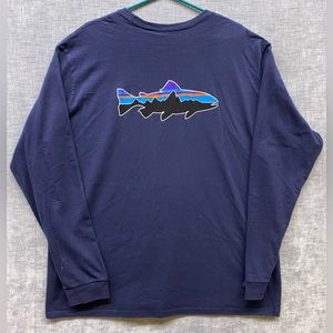 Patagonia T Shirt Mens XXL Dark Blue Turpin Fish Long Sleeve Cotton